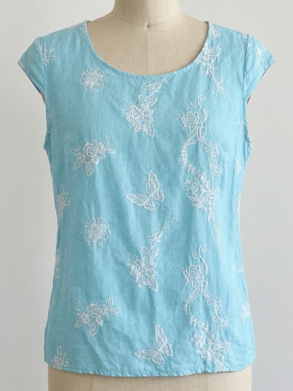 Embroidered Linen Top Boho Butterfly Blue Made in Italy Cottagecore Cap Sleeve M